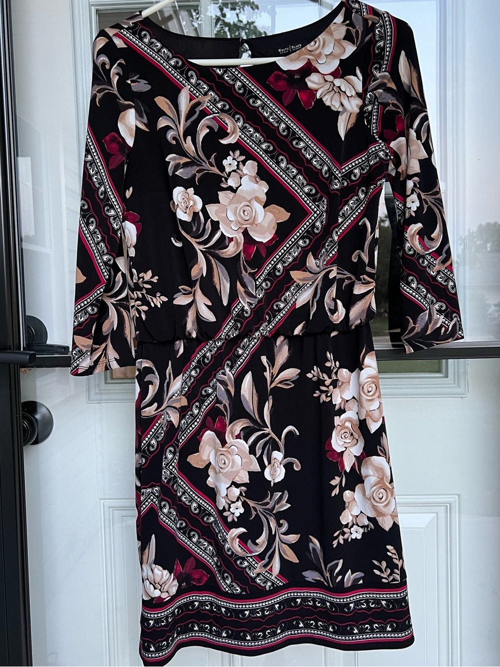 VTG White House/Black Market Black Floral Print Dress w/Pink & Cream Accents XS